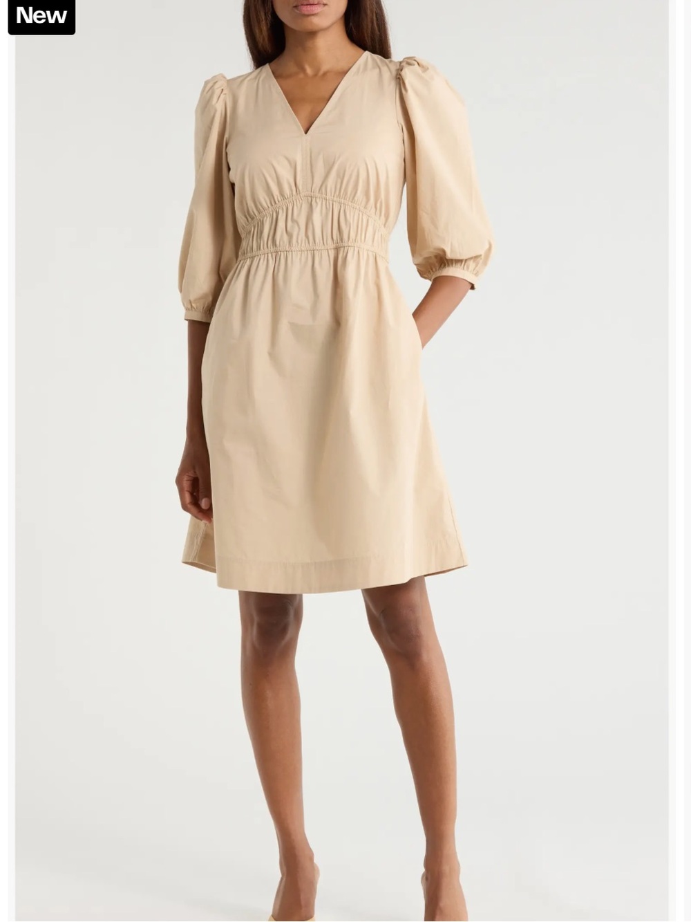 Hugo Boss Dezzan Beige V-Neck Puff-Sleeve Mini Dress Size 10